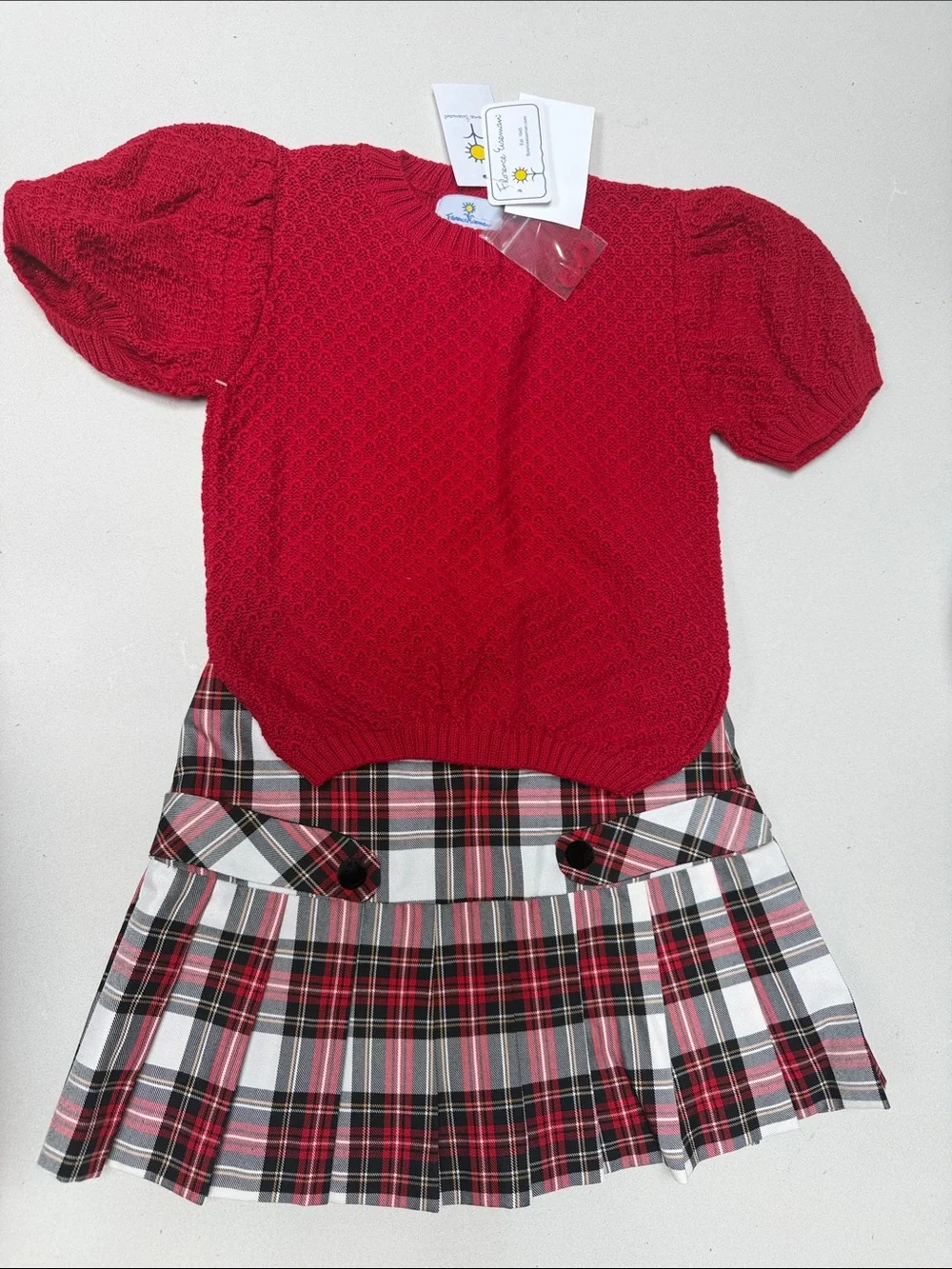 Florence Eiseman Red Knit Top with Black & White Plaid Pleated Skirt